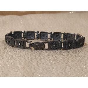 Antique Sterling Silver Marcasite Art Deco Bracelet Vintage Chain Floral Weave